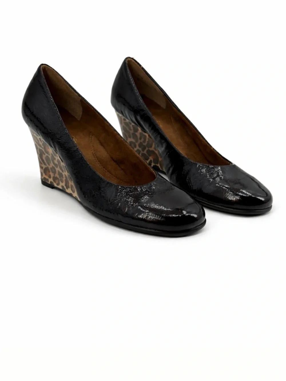 Aerosoles Elegant Plum Patent Leather Wedge Pumps with Leopard Print Heel SZ 8.5
